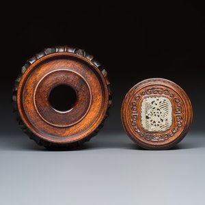 A Chinese copper-red, blue and white 'Fruits' jar with a jade-inset wooden cover and a stand — photo 17