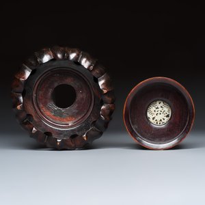 A Chinese copper-red, blue and white 'Fruits' jar with a jade-inset wooden cover and a stand — photo 18