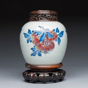 A Chinese copper-red, blue and white 'Fruits' jar with a jade-inset wooden cover and a stand — photo 2