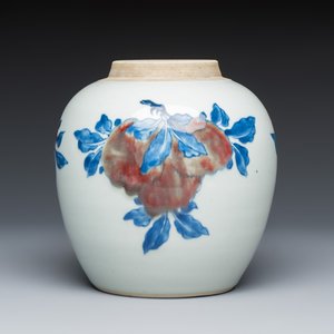 A Chinese copper-red, blue and white 'Fruits' jar with a jade-inset wooden cover and a stand — photo 6