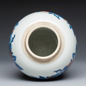 A Chinese copper-red, blue and white 'Fruits' jar with a jade-inset wooden cover and a stand — photo 10
