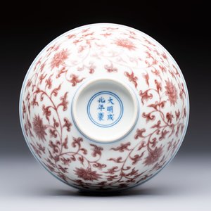 A Chinese copper-red,  blue and white 'Lotus' bowl, Chenghua mark, 20th C. — photo 6
