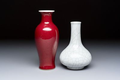 A Chinese copper-red-glazed 'Guanyin Zun' vase and a Ge-type bottle vase, Kangxi and Qianlong mark, 20th C.