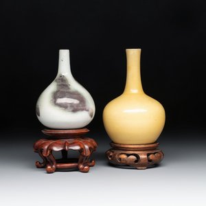 A Chinese copper-red 'mythical beasts' vase and a yellow-glazed bottle vase, with two wooden stands, Kangxi and later — photo 1
