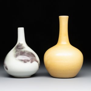 A Chinese copper-red 'mythical beasts' vase and a yellow-glazed bottle vase, with two wooden stands, Kangxi and later — photo 3