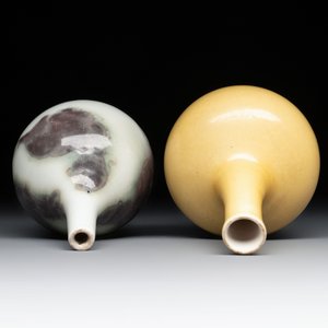 A Chinese copper-red 'mythical beasts' vase and a yellow-glazed bottle vase, with two wooden stands, Kangxi and later — photo 6