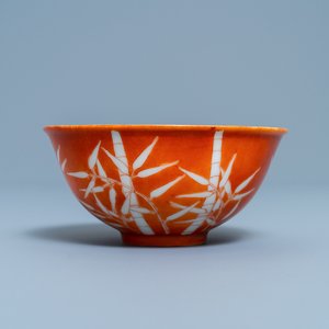 A Chinese coral-ground 'bamboo' bowl, Xuantong mark and of the period — photo 2
