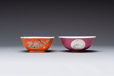 A Chinese coral-red-ground famille rose square bowl and a sgraffito-ruby-ground bowl, Qianlong and Tongzhi mark, 19/20th C. — photo 1