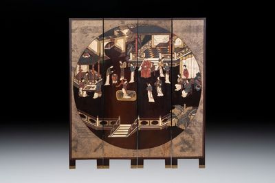 A Chinese coromandel lacquer four-panel folding screen with narrative and birds design, 20th C.