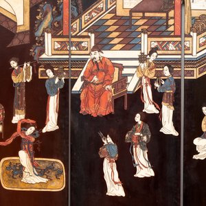 A Chinese coromandel lacquer four-panel folding screen with narrative and birds design, 20th C. — 照片 3