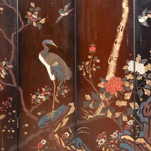 A Chinese coromandel lacquer four-panel folding screen with narrative and birds design, 20th C. — 照片 6
