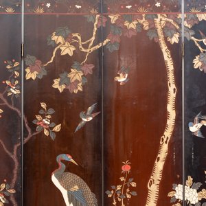 A Chinese coromandel lacquer four-panel folding screen with narrative and birds design, 20th C. — 照片 7