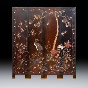 A Chinese coromandel lacquer four-panel folding screen with narrative and birds design, 20th C. — photo 5