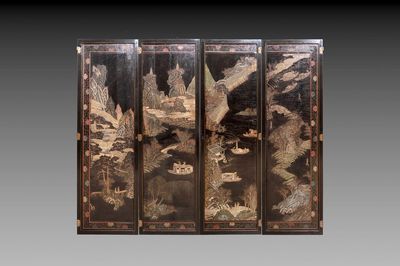 A Chinese Coromandel lacquered four-panel folding screen with mountainous landscapes, 17/18th C.