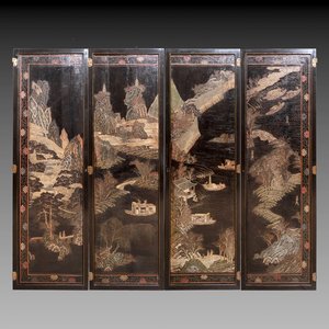 A Chinese Coromandel lacquered four-panel folding screen with mountainous landscapes, 17/18th C. — photo 1