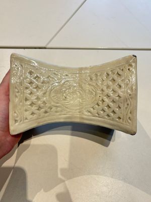 A Chinese cream-glazed pillow, a grey terracotta roof tile and a grey-glazed cover, Republic and earlier — photo 12