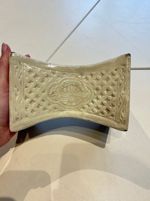 A Chinese cream-glazed pillow, a grey terracotta roof tile and a grey-glazed cover, Republic and earlier — photo 10