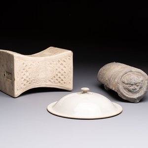 A Chinese cream-glazed pillow, a grey terracotta roof tile and a grey-glazed cover, Republic and earlier — photo 1