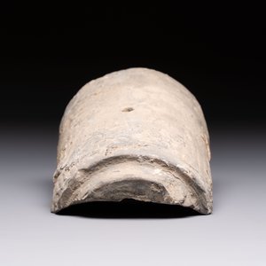 A Chinese cream-glazed pillow, a grey terracotta roof tile and a grey-glazed cover, Republic and earlier — photo 11