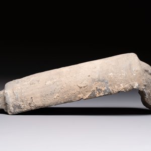 A Chinese cream-glazed pillow, a grey terracotta roof tile and a grey-glazed cover, Republic and earlier — photo 8