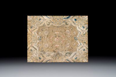 A Chinese cream-ground embroidered silk panel with bats, floral scrolls, waves and rockwork, 19th C.