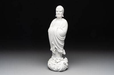 A Chinese Dehua blanc de Chine figure of Dharma, He Chaozong 何朝宗 and Dehua 德化 mark, Republic