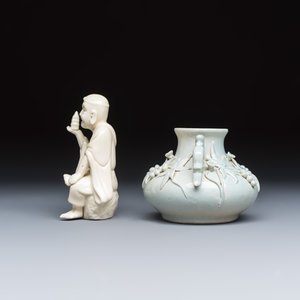 A Chinese Dehua blanc de Chine figure of Luohan and three monochrome wares, one with a wooden stand — photo 3