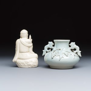 A Chinese Dehua blanc de Chine figure of Luohan and three monochrome wares, one with a wooden stand — photo 4