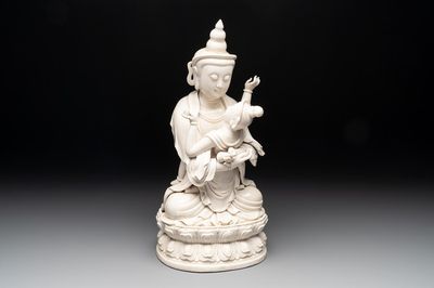 A Chinese Dehua blanc de Chine group of the seated Buddha Vajrasattva and Shakti on a lotus throne, 20th C.