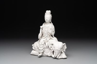 A Chinese Dehua blanc de Chine Guanyin seated on an elephant, 20th C.