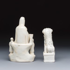 A Chinese Dehua blanc de Chine 'Guanyin with Attendants' group and a 'Buddhist Lion' joss stick holder — photo 4