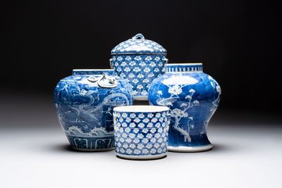 A Chinese Dehua blue and white vase, two containers and a 'prunus on cracked ice' vase, Kangxi mark, 18/19th C.