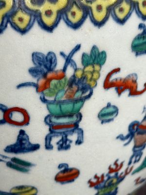 A Chinese doucai 'antiquities' 'hu' vase, Qianlong mark, 19th C. — photo 15