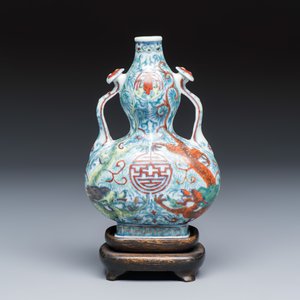 A Chinese doucai double-gourd vase with dragons and ruyi handles — photo 1