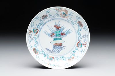 A Chinese doucai 'flower basket' plate, Chenghua mark, 18/19th C.