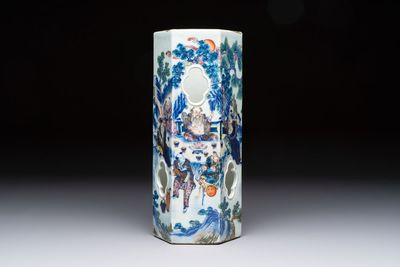 A Chinese doucai gilt-decorated 'Eight Immortals' openworked hexagonal hat stand, Yongzheng mark, 19th C.