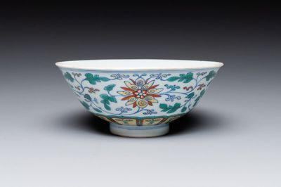 A Chinese doucai 'lotus scroll' bowl, Qianlong mark and of the period