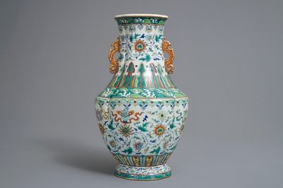A Chinese doucai 'lotus scroll' vase, Qianlong mark, 19/20th C.
