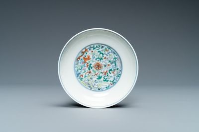 A Chinese doucai 'phoenix' saucer dish, Yongzheng mark and of the period