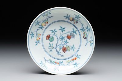 A Chinese doucai 'sanduo' plate, ingot, brush and ruyi mark, Kangxi/Yongzheng