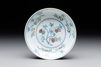 A Chinese doucai 'sanduo' plate, ingot, brush and ruyi mark, Yongzheng