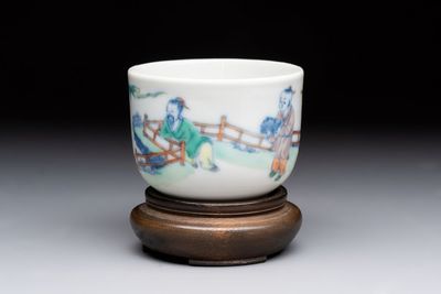 A Chinese doucai 'Zhou Dunyi 周敦颐' cup on wooden stand, Xianfeng mark and of the period