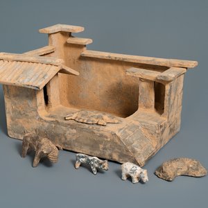 A Chinese earthenware model of a stable and five animals, Han — photo 1