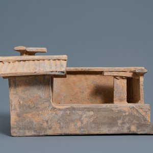 A Chinese earthenware model of a stable and five animals, Han — photo 14