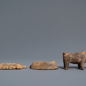 A Chinese earthenware model of a stable and five animals, Han — photo 2