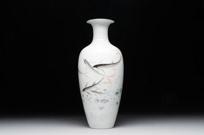 A Chinese eggshell polychrome 'fish' vase, Jing De Zhen Zhi 景德鎮製 mark, dated 1981