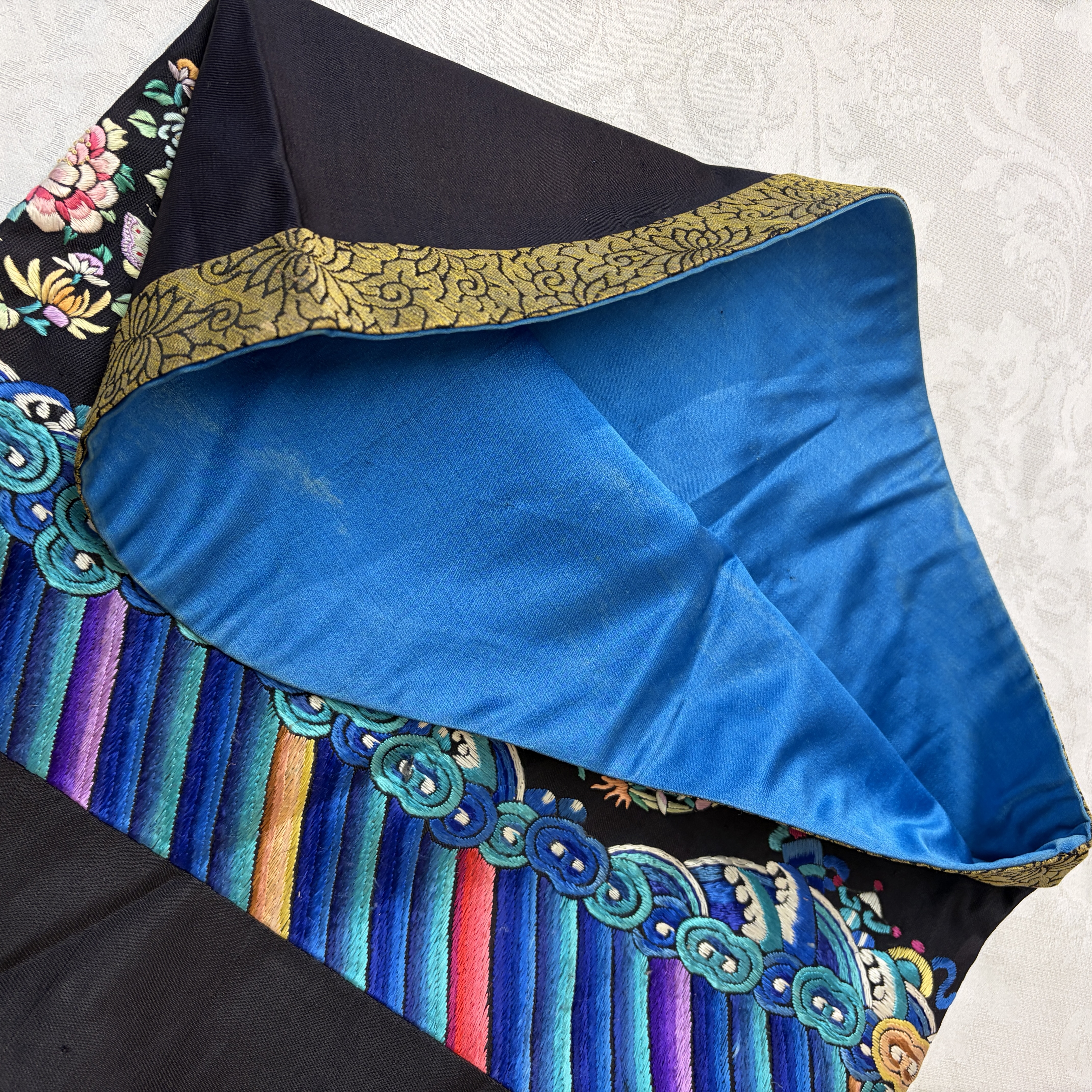 A Chinese embroidered silk dark-blue-ground robe with floral medallions — photo 19
