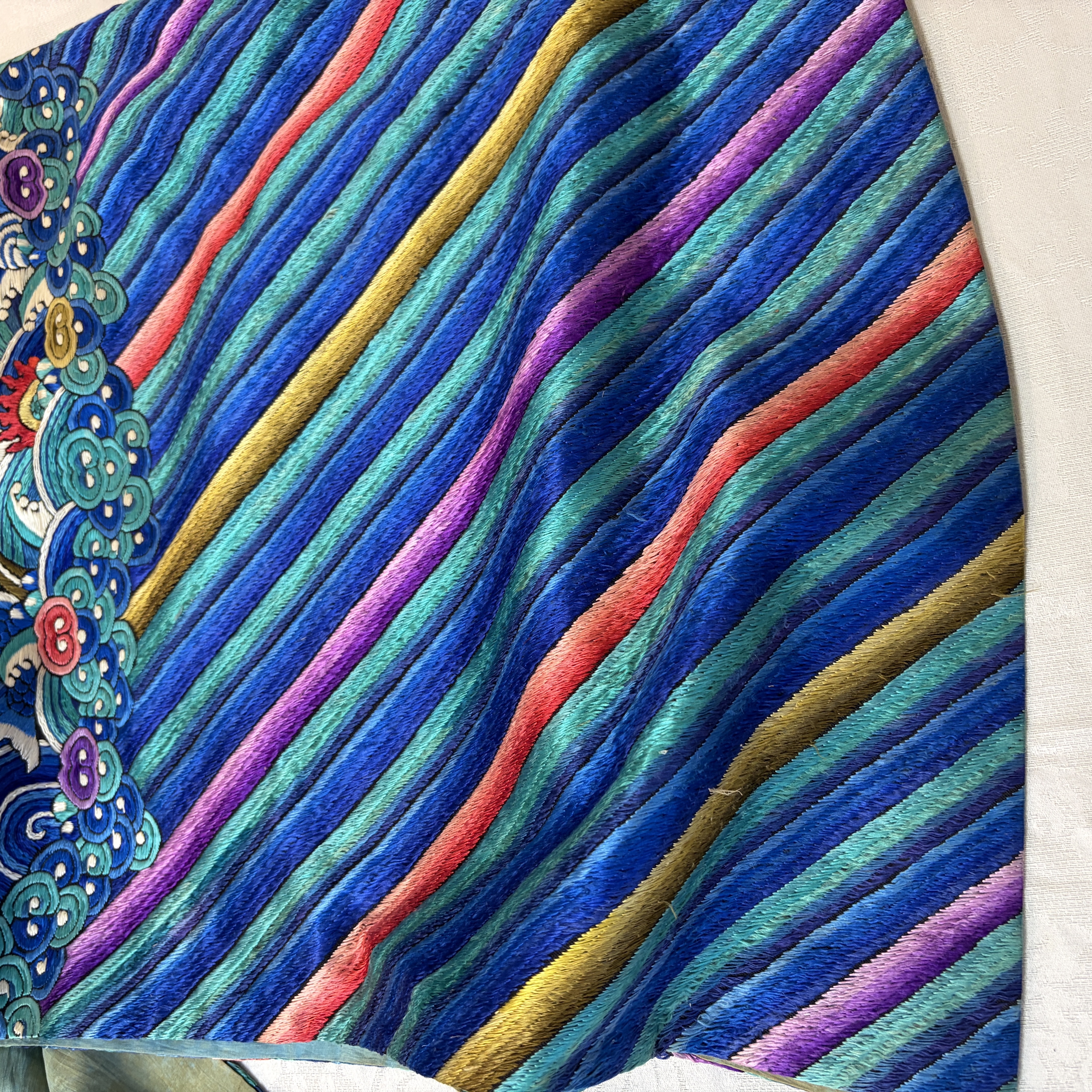 A Chinese embroidered silk dark-blue-ground robe with floral medallions — photo 28