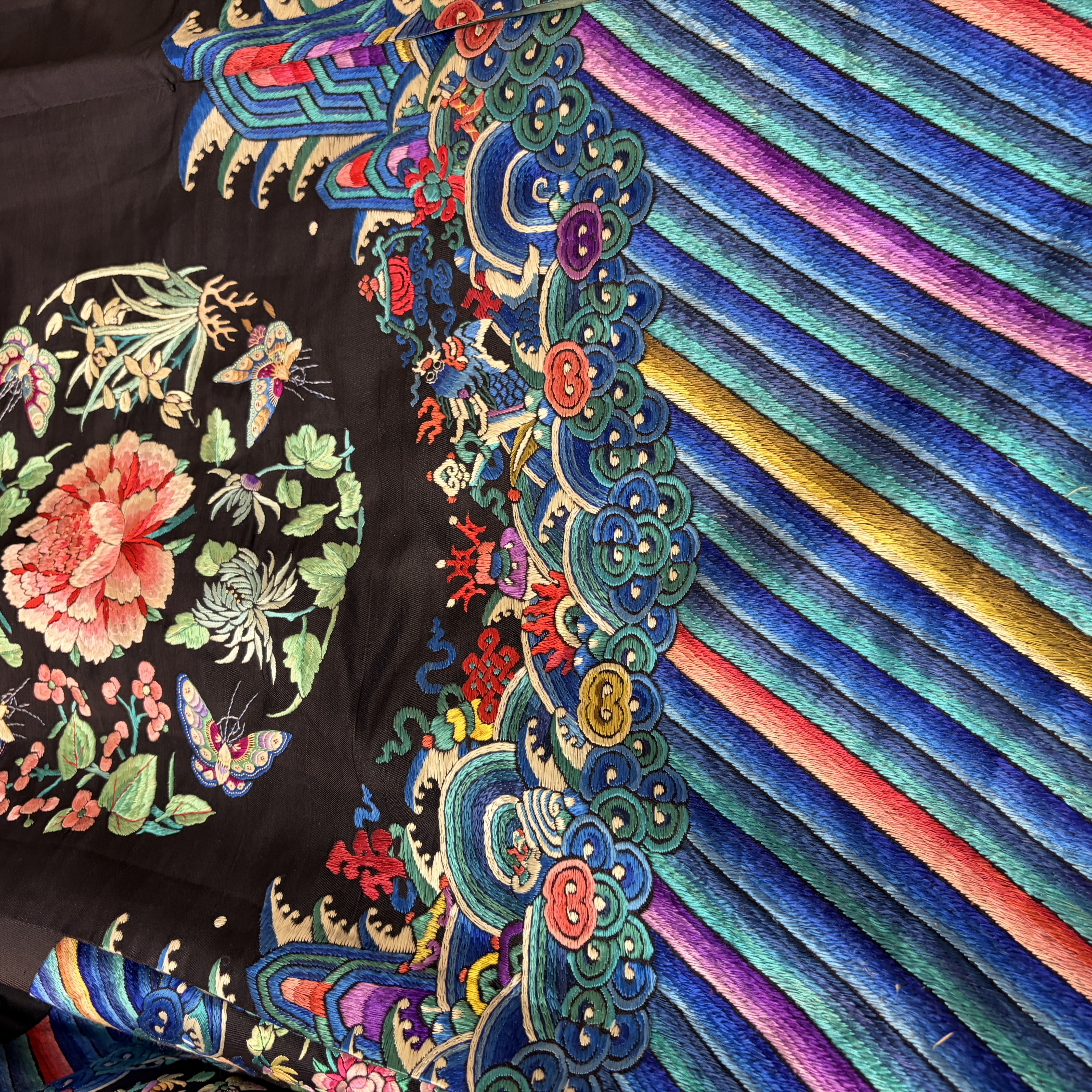 A Chinese embroidered silk dark-blue-ground robe with floral medallions — photo 34