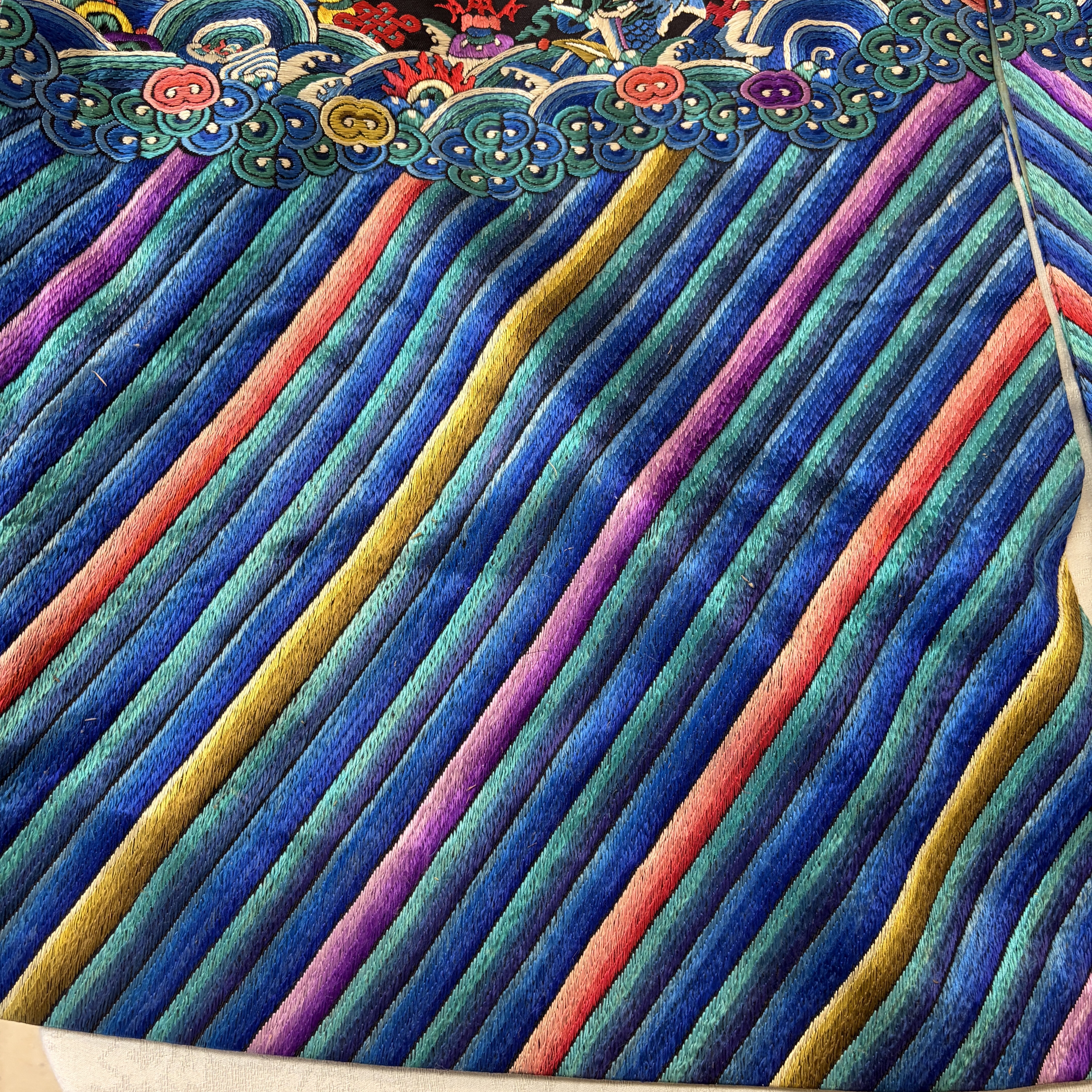 A Chinese embroidered silk dark-blue-ground robe with floral medallions — photo 36